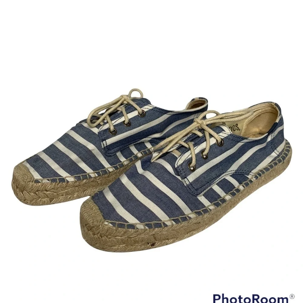 Soludos Derby Blue White Stripe Lace Up Espadrilles